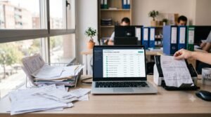 automatización de procesos: facturas en papel digitalizándose en una lista ordenada