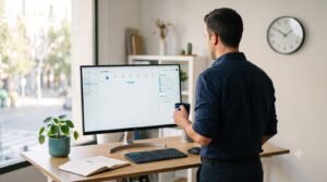 productividad con IA: profesional revisando su calendario y tareas completadas con calma
